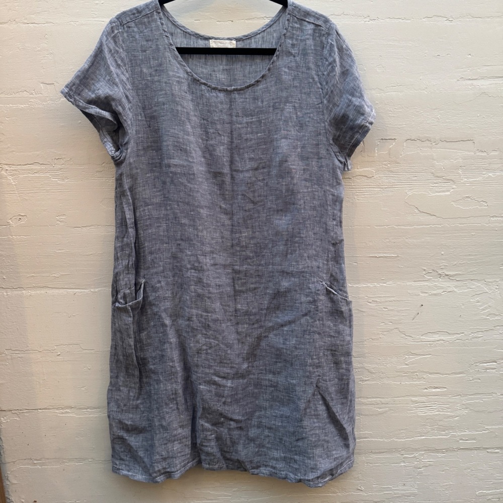 CP Shades Tunic Dress Medium Blue Linen Short Sleeve Pocket Coastal Lagenlook